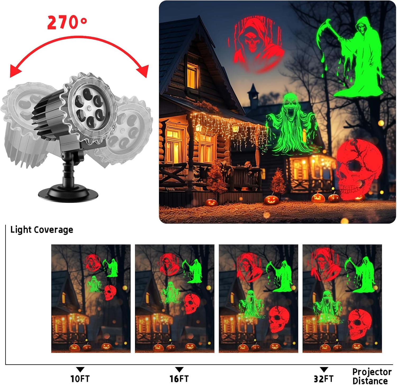 Halloween Projector Lights Outdoor Indoor - 3D Dynamic Red & Green Skull Ghost Skeleton Projector Decorations Lights, Waterproof Halloween Party Light for Window, Garden, Ground, Roof,Halloween Decor