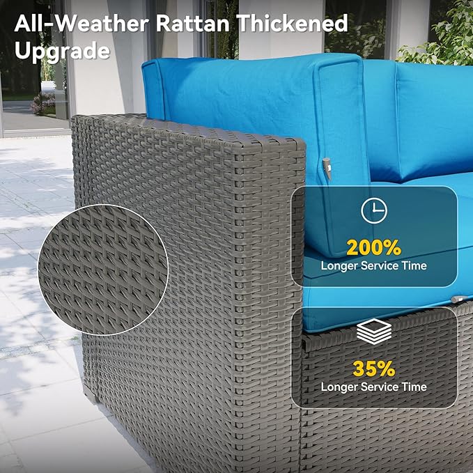 Aoxun Patio Furniture Set with Fire Pit Table, 12 Piece Outdoor Sectional Sofas, 10 Seats Wicker Rattan Outdoor Furniture with Thickened Cushion for Backyard, Garden Peacock Blue