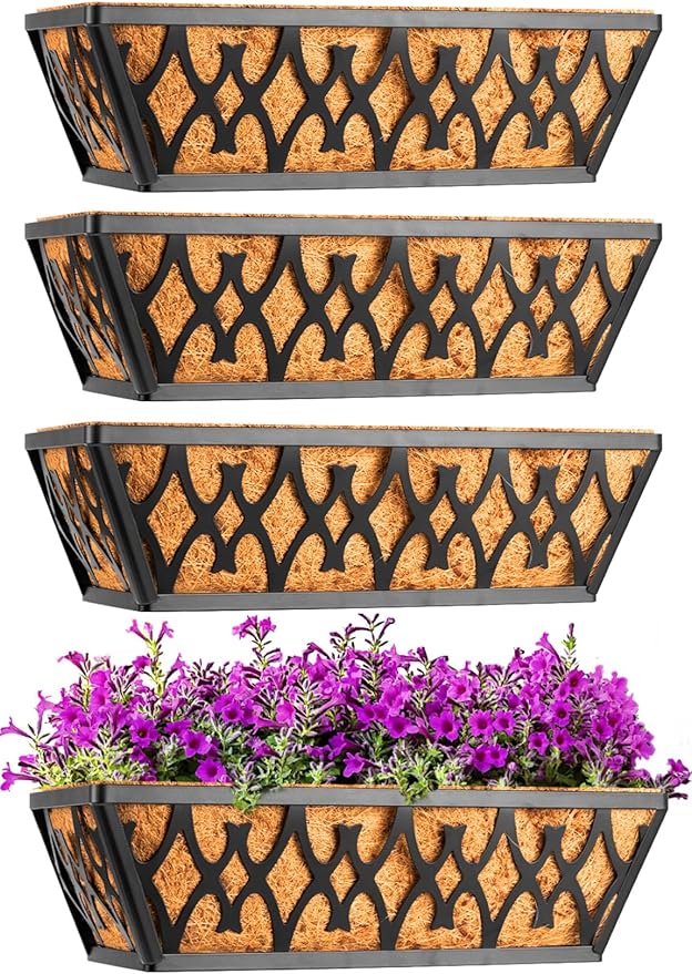 2 Pack 14 Inch Window Boxes Planters Railing Planter Box with Coco Liners Deck Railing Planter Boxes Balcony Hanging Flower Box for Outdoor Plants Garden Decor
