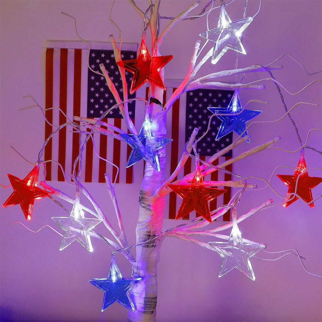 July 4th Red Blue and White Star Lights, 40LED 19FT Patriotic String Lights with Stars Battery Operated, 8 Lighting Modes & Timer, Waterproof Outdoor Independence Day Memorial Day Holiday Party Decor