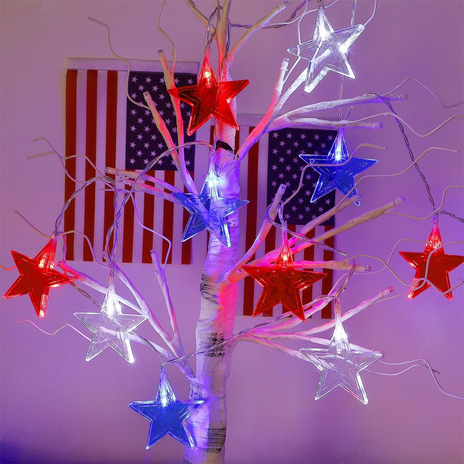 July 4th Red Blue and White Star Lights, 40LED 19FT Patriotic String Lights with Stars Battery Operated, 8 Lighting Modes & Timer, Waterproof Outdoor Independence Day Memorial Day Holiday Party Decor