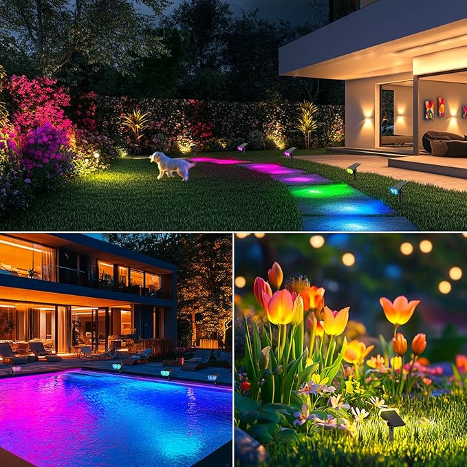 Consciot Solar Spot Lights Outdoor, Halloween Decorations 22 LEDs IP67 Waterproof Color Changing Solar Outdoor Lights, 8 Colors, 2-in-1 Adjustable Wall Lights for Garden Yard Pathway, 2 Pack(RGB)