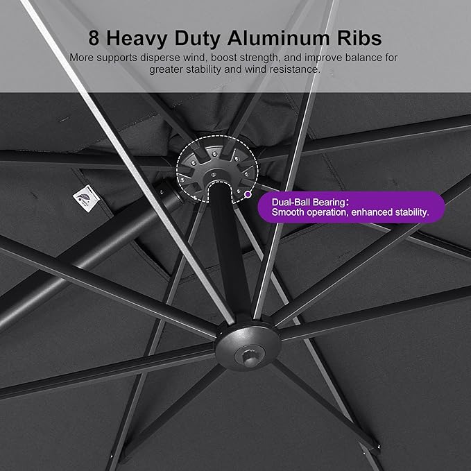 PURPLE LEAF Patio Umbrella 8' X 8' Rectangle Cantilever Umbrella Large Aluminum Outdoor Umbrellas with 360-degree Rotation & UPF40+ Premium Fabric for Deck Pool Garden Yard, Graphite Grey