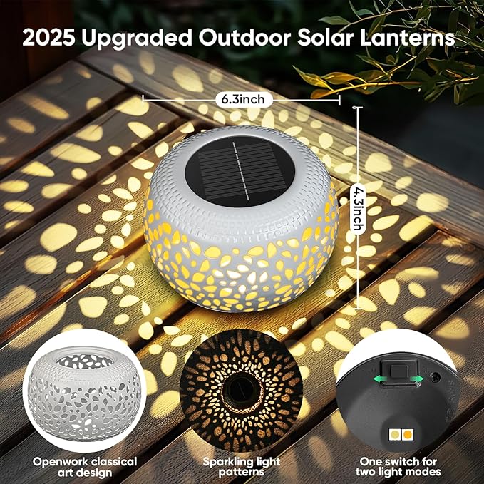 Solar Lanterns Outdoor Waterproof: 2 Pack White Hollow Out Metal Solar Lights - 2 Lighting Colors Outside Garden Yard Porch Indoor Tabletop Retro Decorations - Unique Gifts for Women Mom Wife