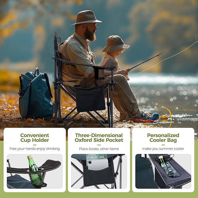 ALPHA CAMP Heavy Duty Camping Chair 500LBS Capacity, Oversized Folding Chair for Heavy People, Padded Portable Outdoor Chair with Cooler Bag & Cup Holder for Camping, Fishing, Beach