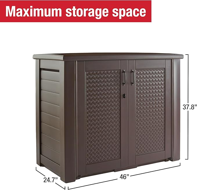 Rubbermaid Decorative Outdoor Storage Cabinet (123 Gal), Weather Resistant, Brown, Organization for Home/Backyard/Pool Chemicals/Toys/Garden Tools/Porch/Patio Cushions