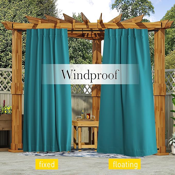 NICETOWN 2 Panels Outdoor Curtains Waterproof Pocket & Back Tab on Top & Bottom, Thermal Insulated Windproof Sun Blocking Outside Privacy Drapes for Patio with Fixed Rope, W52 x L84, Peacock Teal