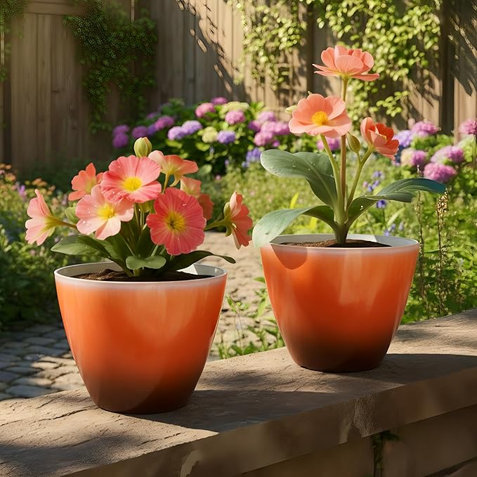 Plant Pots for Indoor Outdoor Plants, Pack of 4 Plastic Flower Pots with Drainage Holes and Saucers, 8 Inch Glazed Planters for Indoor Plants Office Home Decor (Orange, 4pcs)