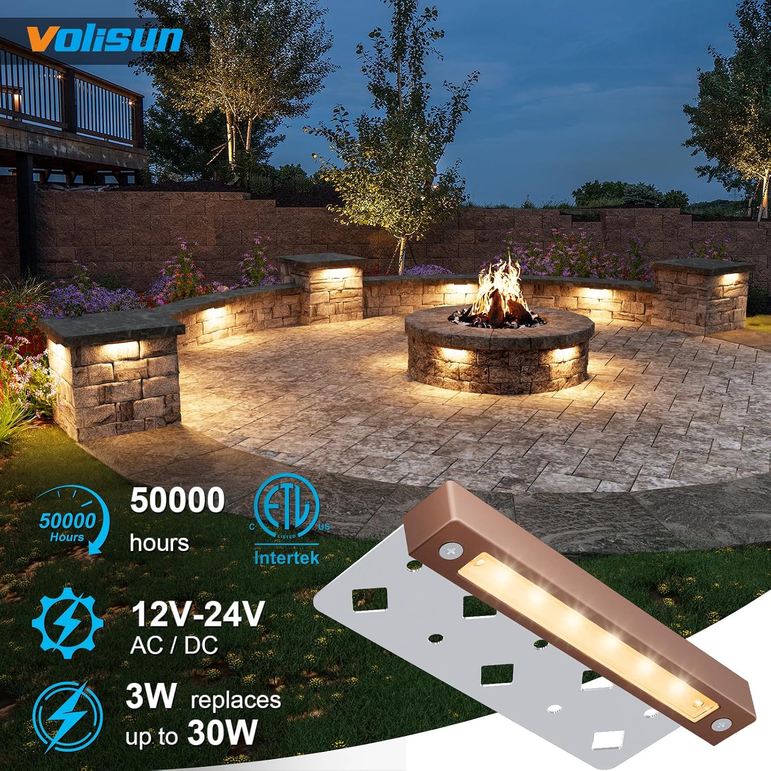 VOLISUN 7 Inch Retaining Wall Lights, 2700K Hardscape Lighting, 12 Pack | IP65 Waterproof, Cuttable Low Voltage Landscape Lighting, 12V Paver Lights, 3W Outdoor Step Lights, ETL