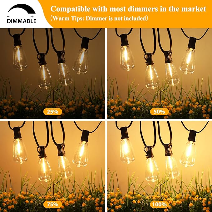 Brightever LED Outdoor String Lights 60FT with 32 Shatterproof ST38 Vintage Edison Bulbs, Outside Hanging Lights Waterproof for Patio, Porch, Deck, Garden, Backyard, Balcony, 2700K Dimmable