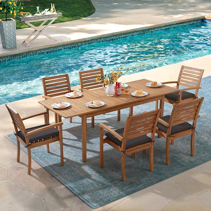 OC Orange-Casual Stackable Patio Dining Chairs Set of 4, Outdoor Acacia Wooden Chairs w/Armrest & Removeable Fabric Cushion, for Porch, Backyard, Garden, Indoor, Dark Grey