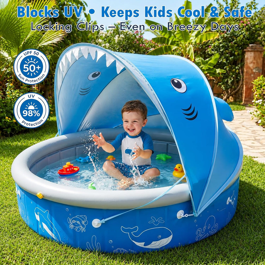 Kiddie Baby Pool with Canopy Sprinkler, 47in Foldable Toddler Pool | Anti-Slip Baby Swimming Pool with Shade, Portable Small Pool & Ball Pit for Kids Age 1-6, Backyard Outdoor Water Play Toy