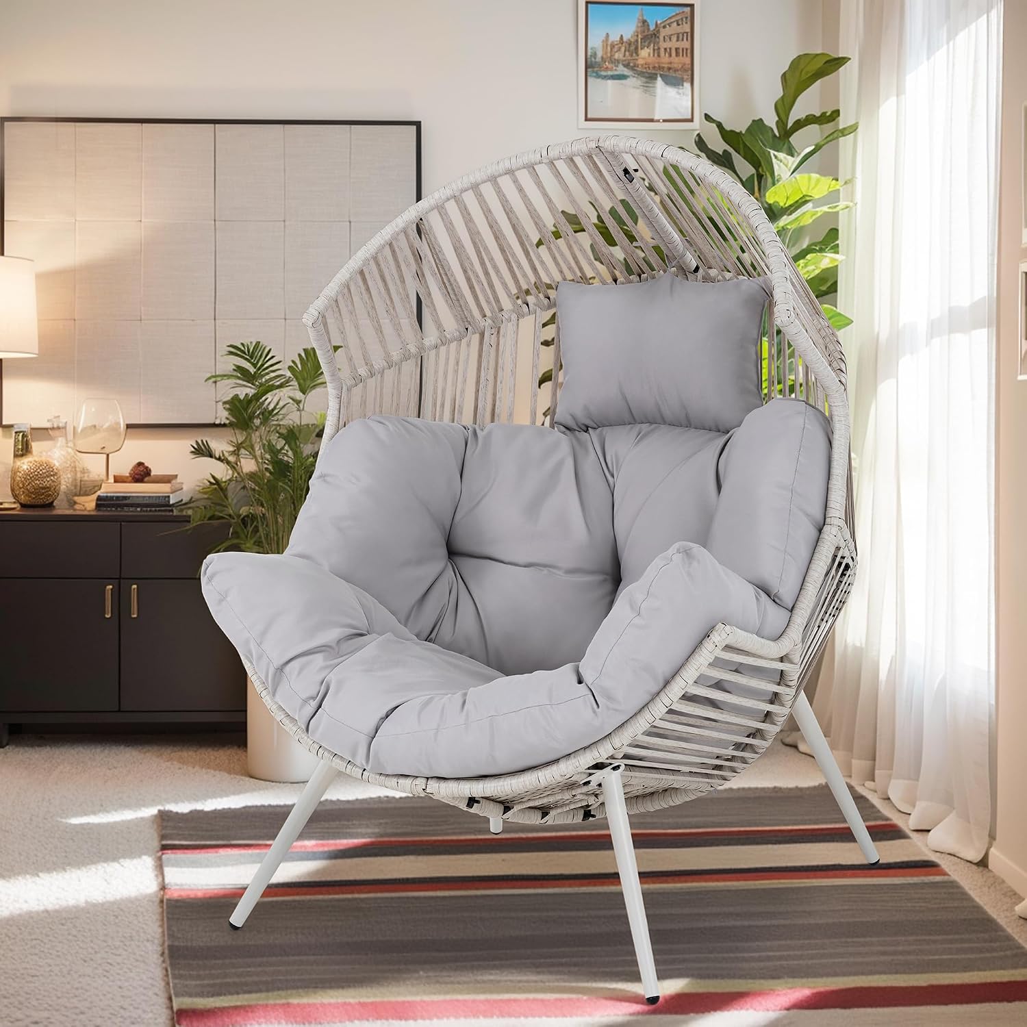 Vongrasig Outdoor Wicker Egg Chair PE Rattan Chair with Cushion, Oversized Patio Lounge Chair for Outdoor, Indoor, Balcony, Backyard, Garden, Grey/Beige Rattan
