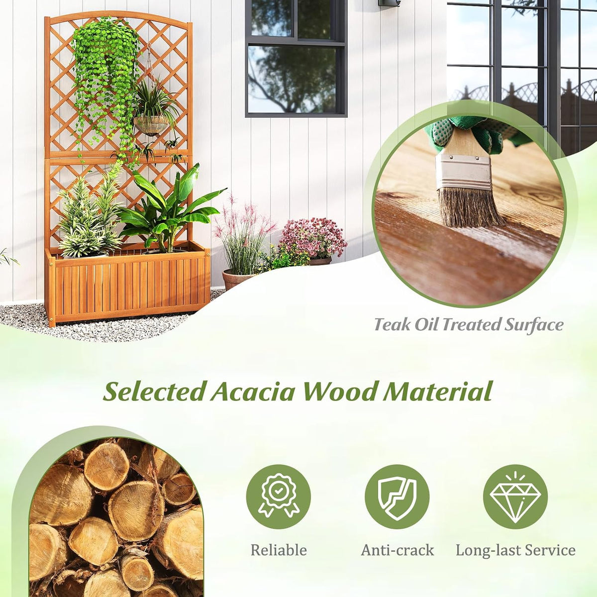 giantex solid acacia wood planter box with trellis on a desk or shelf