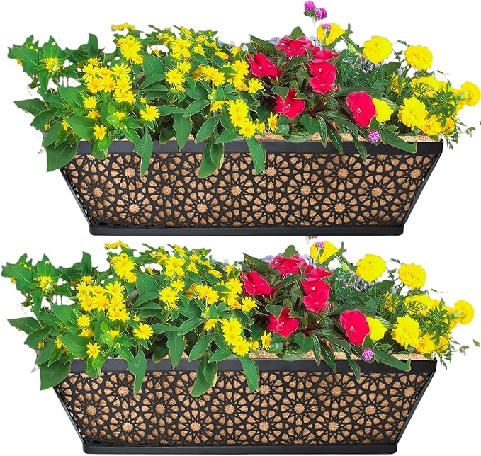 2 Pack 24" Railing Planter Window Box Deck Balcony Rail Planter Black Metal Flower Basket Horse Trough Planters with Coco Fiber Liner for Porch Fence Patio Outdoor