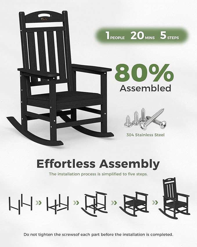Oversized Outdoor Rocking Chair, High Back Porch Rocker Chair, HDPE All Weather Resistant Rocking Chairs for Patio, 380lbs Weight Capacity, Black