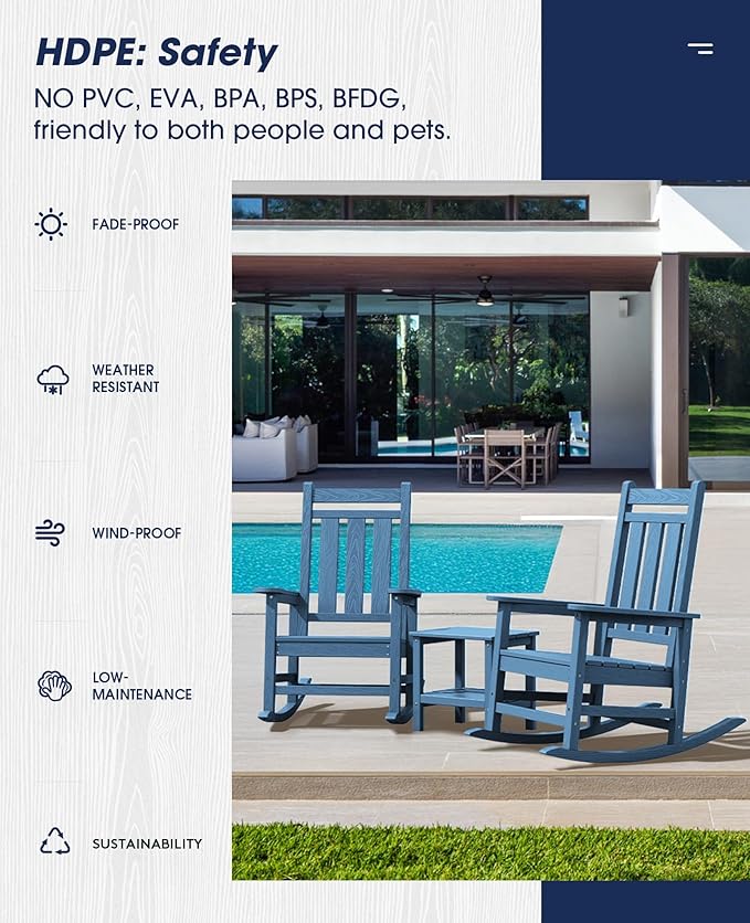 KINGYES Oversized Outdoor Rocking Chair Set of 6, All-Weather Patio Rocking Chairs for Porch, HDPE Outdoor Patio Rockers with High Back & Wide Seat for Garden, Lawn, Blue
