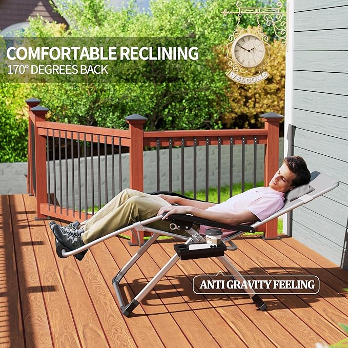 UDPATIO Oversized Zero Gravity Chair 29In XL Patio Reclining Chair with Cushion, Outdoor Folding Recliner with Pillows|Cup Holder|Foot Rest|Padded Headrest, Grey, Support 500LB