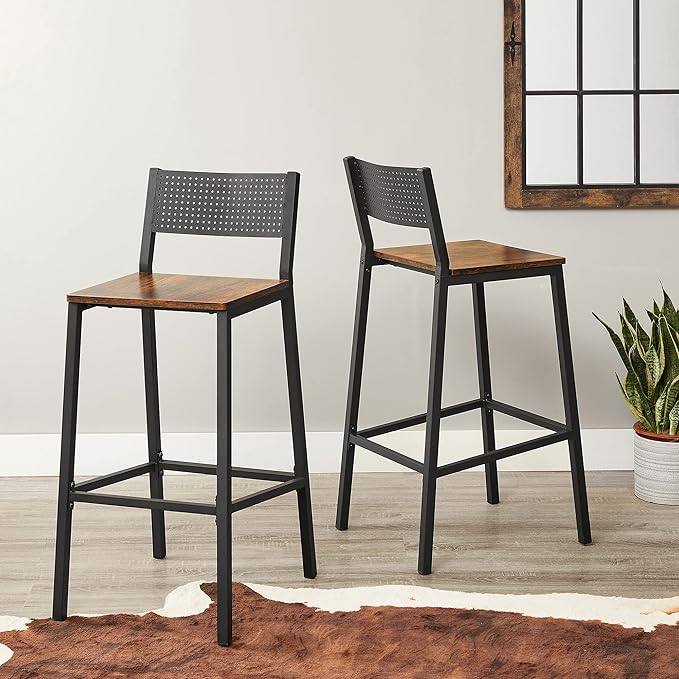 VASAGLE Bar Stools, Set of 2 Bar Chairs, Tall Bar Stools with Backrest, Industrial in Party Room, Rustic Brown and Black ULBC070B01