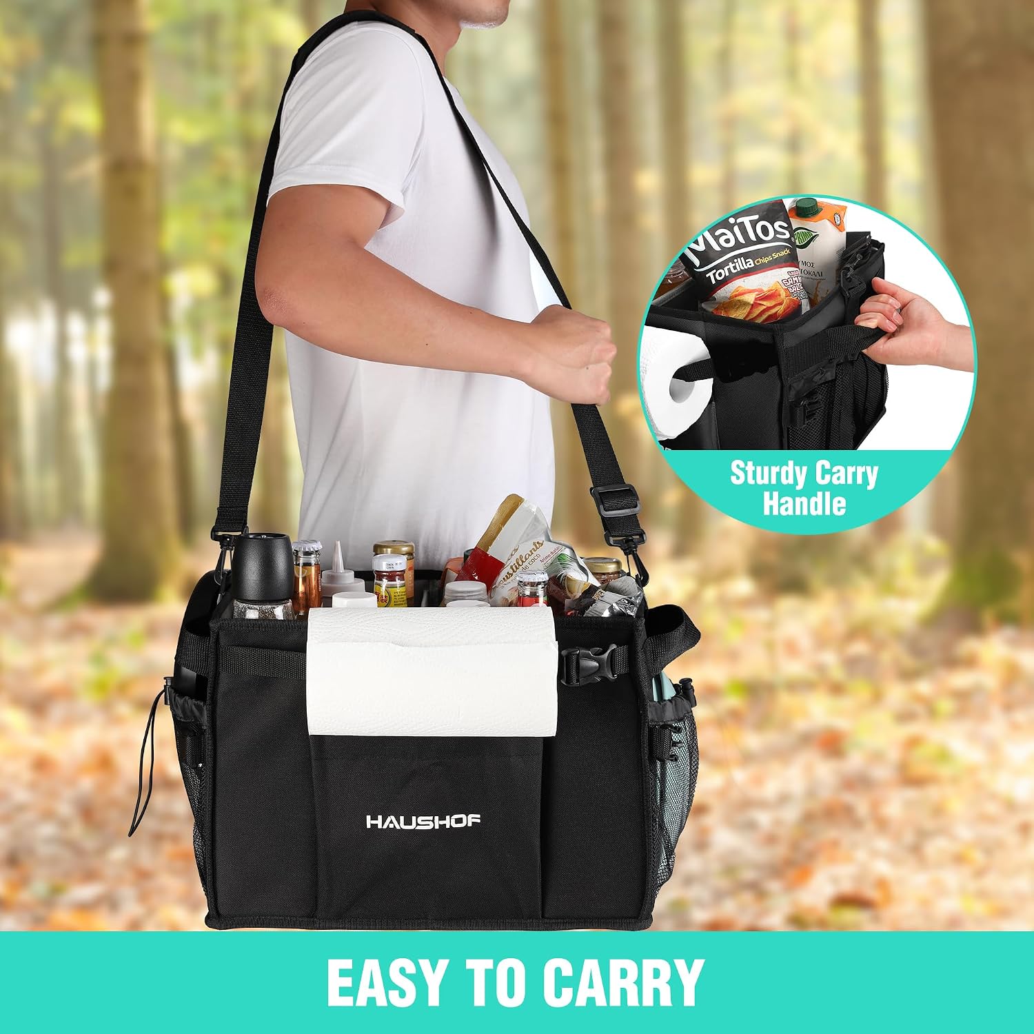 HAUSHOF Large Grill and Picnic Caddy with Paper Towel Holder | Condiment Pocket, Foldable BBQ Organizer Easy Carry Griddle Caddy for Camping, RV, Outdoor Waterproof Oxford Cloth (Black)