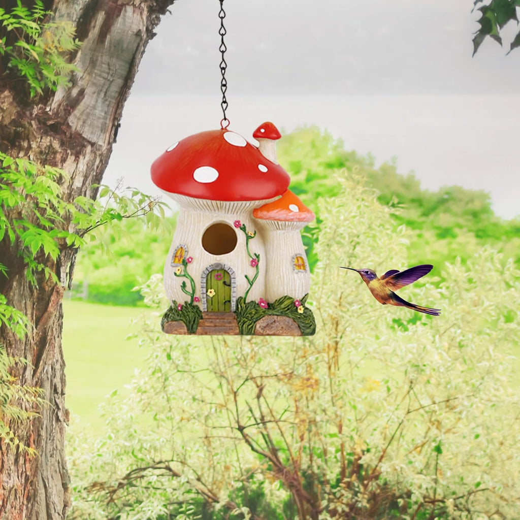 Bird Houses for Outside, Mushroom Hanging Resin Birdhouse (Red) | Garden Bird House for Outdoors, Decorative Outdoor Bird Nest, Waterproof Birdhouse for Patio, Yard, Porch & Garden Decor