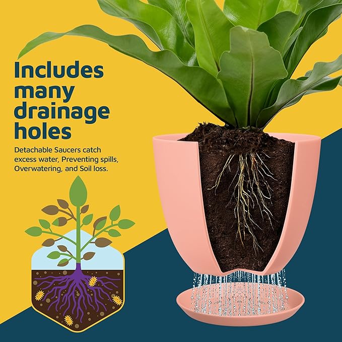Pink Plant Pots with Drainage Holes & Saucers 3 Pack, Indoor & Outdoor Stackable Space-Saving Planters for Houseplants & Flowers, (7", 6.7", and 6" Inches), Durable & Weatherproof Materials