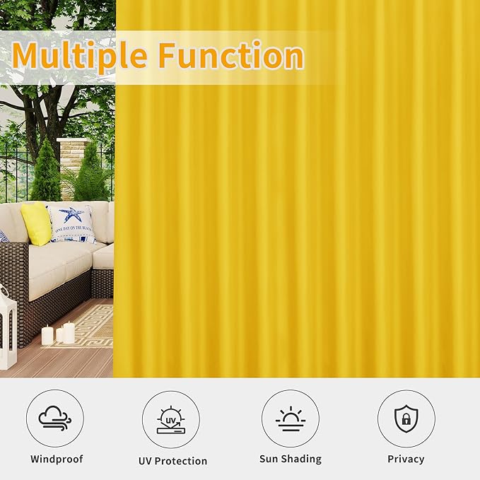 Easy-Going Outdoor Patio Curtains Detachable Tab Top Windproof Weatherproof Curtain for Cabana, Porch, Pergola and Gazebo, Tab Bottom Drape, 2 Panels, 110W x 96L inch, Yellow
