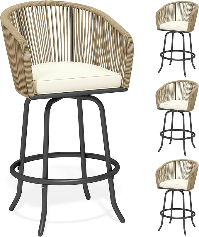 DWVO Outdoor Counter Height Bar Stools Set of 4, Patio Swivel Bar Chairs with Soft Cushions, 360° Rotation, Bar Height Rattan Chairs for Backyard, Poolside, Garden, Beige