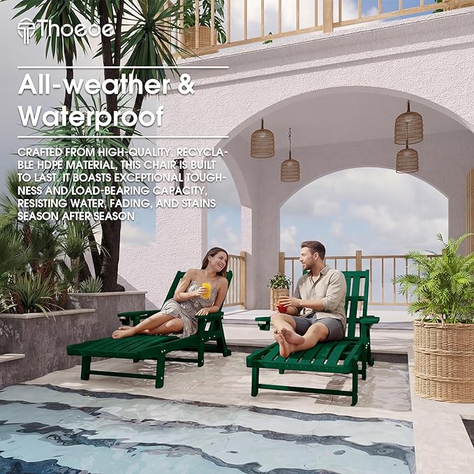 Patio Chaise Lounge Chair Set of 4, Oversized Lounge Chair Outdoor with 5 Positions, HDPE, Patio Lounge Chair with Wheels & Cup Holder for Pool, Deck, Poolside,Green