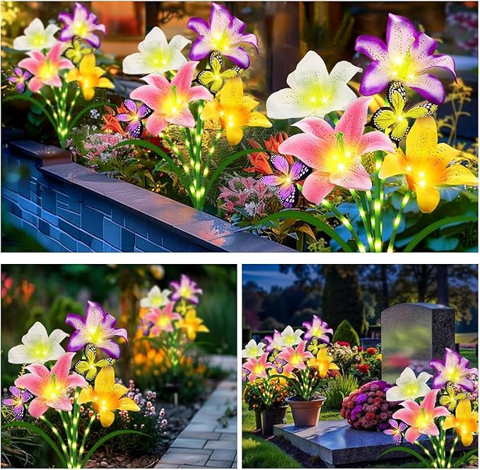 Solar Garden Lights 6 Pack LEDs Solar Lilies Flower Lights, Yard Patio Pathway Decoration High Flexibility Copper Wire Handmade Silk Artificial Flowers Never Wither, Gift for Family Friends
