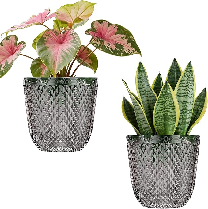 QCQHDU 2 Pack Self Watering Pots, 7.2 Inch Flower Pots with Drainage Holes and Water Filling Port, Garden Planter for Indoor Outdoor Plants (Gray)