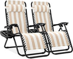 Best Choice Products Set of 2 Adjustable Steel Mesh Zero Gravity Lounge Chair Recliners w/Pillows and Cup Holder Trays - Tan Striped