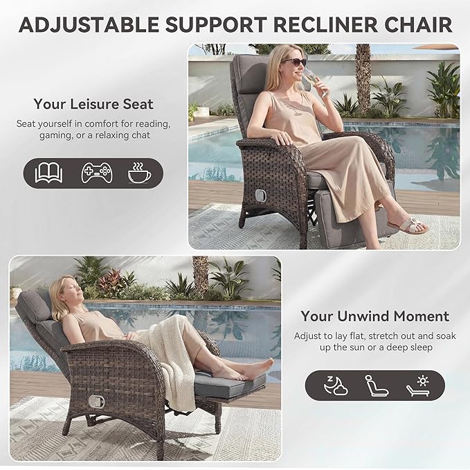 Zero Gravity Wicker Patio Recliner Chairs Set of 2 - Wicker Outdoor Lounge Chair with Adjustable Backrest & Footrest, All Weather Outdoor Reclining Chairs with Thick Cushion for Pool Deck Grey