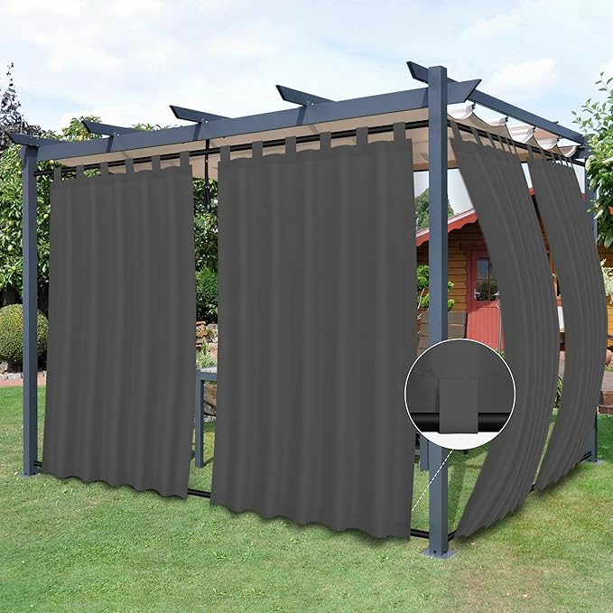 Easy-Going Outdoor Patio Curtains Detachable Tab Top Windproof Weatherproof Curtain for Cabana, Porch, Pergola and Gazebo, Tab Bottom Drape, 2 Panels, 54W x 84L inch, Gray