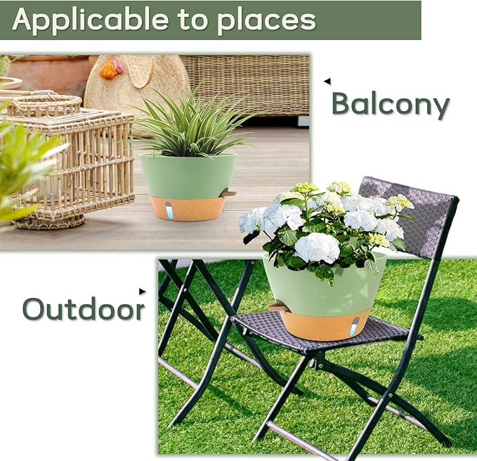 12-Inch Self Watering Planters with Drainage Holes, Large Flower Pots for Indoor Outdoor Plants, Garden Pots Green 2 Pack