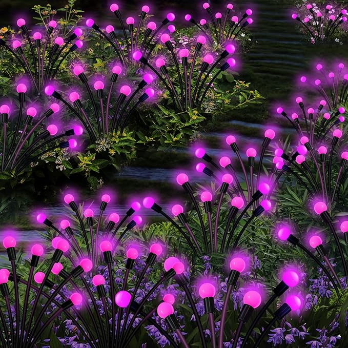 Kohlrabi Solar Garden Lights Outdoor, 4 Pack 40 LED Solar Pink Firefly Lights Waterproof, Starburst Wind Swaying Light for Outside Yard Patio Planter Flower Bed Walkway Christmas Decoration