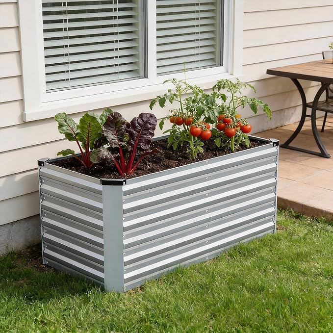 INNO STAGE 4x2x2ft Galvanized Raised Garden Bed, Raised Garden Bed Kit-Metal Planter Box Outdoor, Planting for Vegetables, Fruits, Herbs, Flowers, Silver