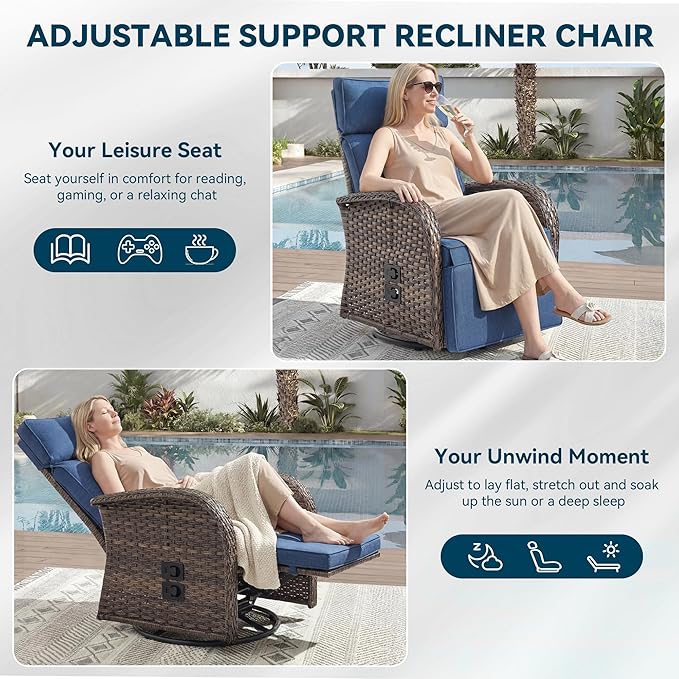 Zero Gravity Patio Swivel Rocking Recliner Chair - Wicker Outdoor Lounge Chair with Adjustable Backrest & Footrest, All Weather Reclining Rocker Chairs with Thick Cushion for Pool Deck Blue