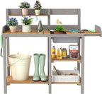 wooden potting bench table with sink,outdoor garden table shown in use