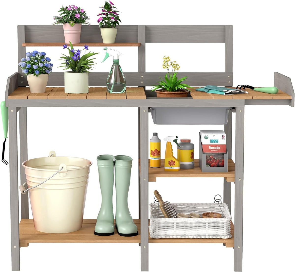 wooden potting bench table with sink,outdoor garden table shown in use