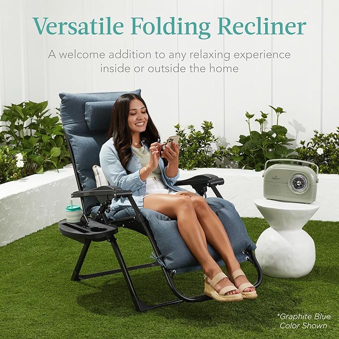 Best Choice Products Oversized Zero Gravity Chair, Folding Outdoor Patio Recliner, XL Anti Gravity Lounger w/Removable Cushion, Cup Holder, Side Tray, 350lb Capacity - Woodland Brown