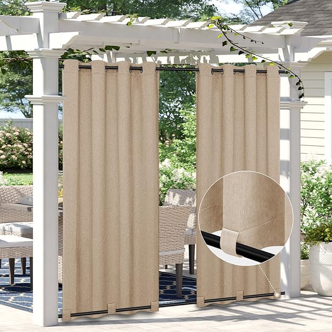 Easy-Going Linen Look Outdoor Curtains Waterproof Windproof Porch Curtains, Soft Thicken Outdoor Privacy Curtains for Patio, Gazebo, Grommet Top and Tab Bottom Drape, 1 Panel, 54x96 inch, Beige