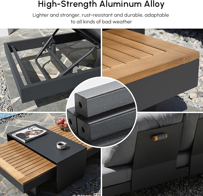 homary 6-Piece Modular Outdoor Sofa Set, Aluminum & Teak Patio Conversation Set with Waterproof Covers, Adjustable Backrests, Fade-Resistant Cushions for Patio or Balcony