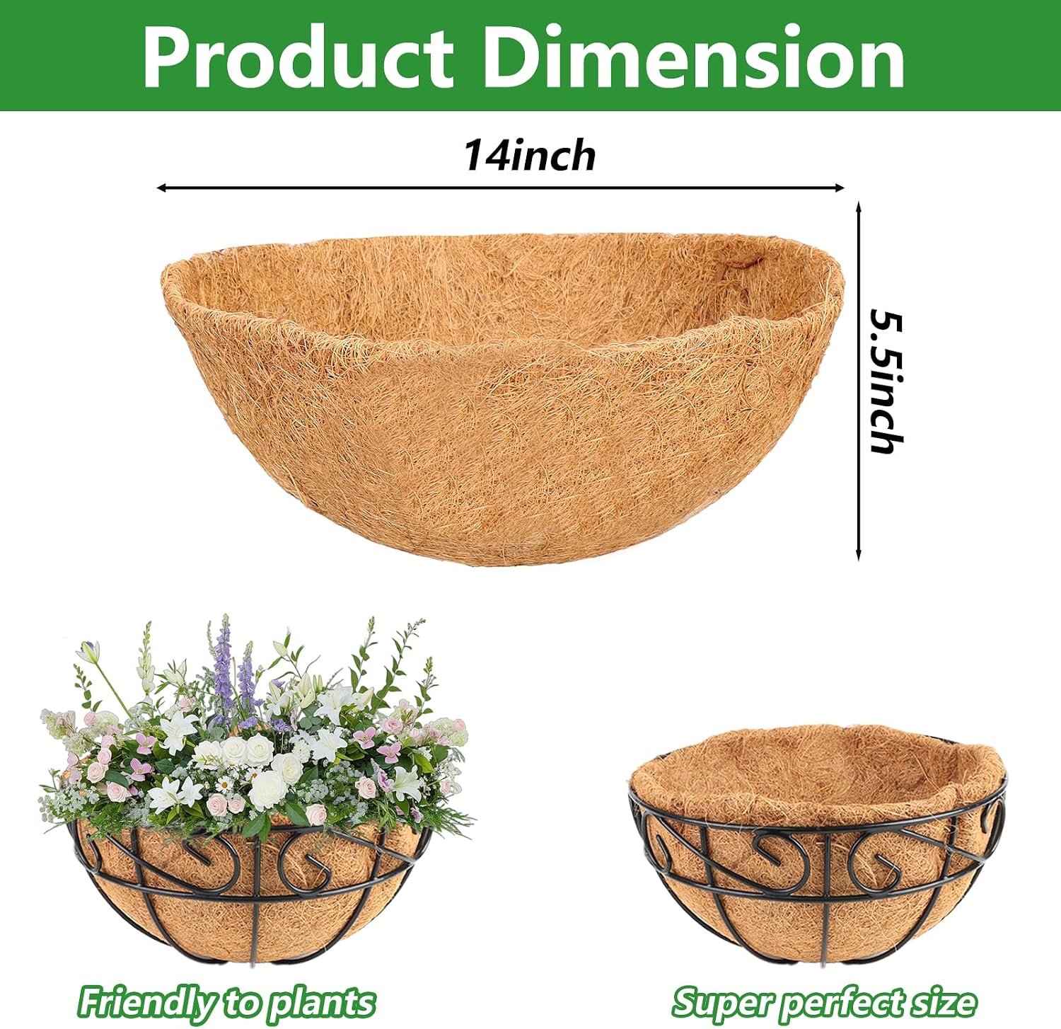 Coco Liners for Planters, 5 Pack 14 Inch Round Hanging Basket Liners, 100% Natural Coconut Fiber Replacement Liners for Hanging Baskets Planters Flowers