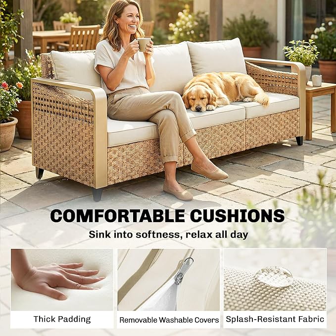 Outsunny Outdoor Patio Couch with Wide and Deep Seat, 3 Seater Wicker Outdoor Sofa with Wide Metal Armrests, Patio Furniture Couch with Cushions for Porch, Garden, Backyard, Beige | Removable Covers