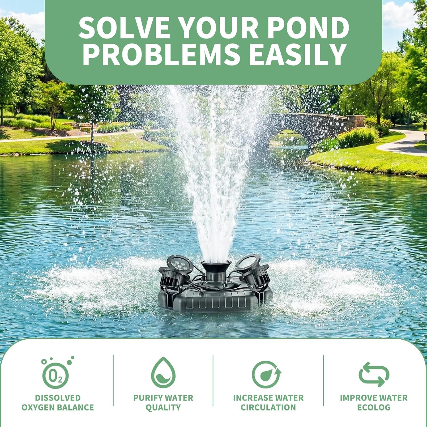 F3 Floating Pond Fountain Aerator, 1HP 750W 110V Stainless Steel Pump with 4 RGB Lights & 100FT Power Cord, Black Octagon Aerating Fountain for Ponds, Lakes, Pools and Fish Farms (Four Lights)