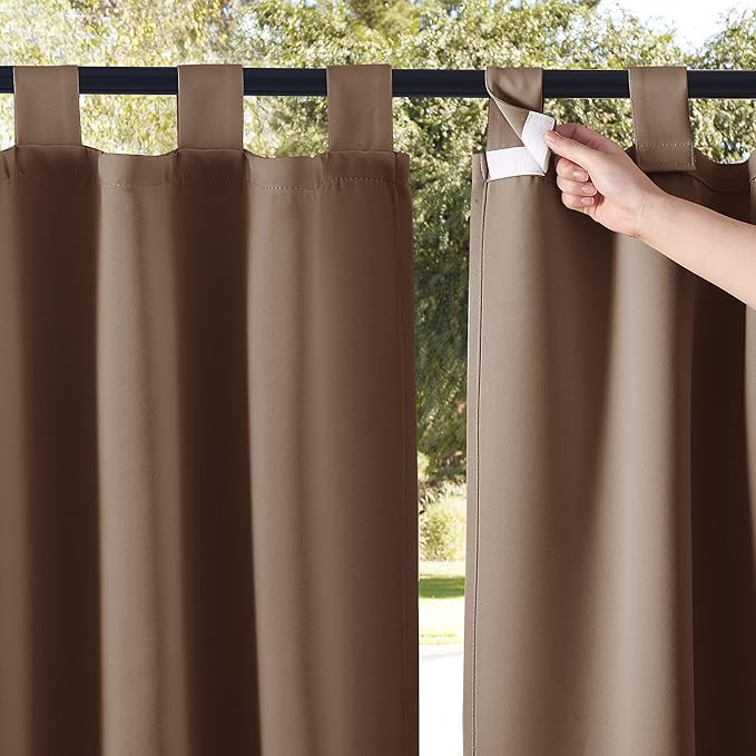 NICETOWN 2 Pieces Outdoor Curtainss for Pergola Waterproof, Self-Sticky Tab Top Blackout Indoor Outdoor Public Dividers Vertical Drapes Windproof Keep Privacy for Pool/Gazebo, W52 x L95 inch, Tan