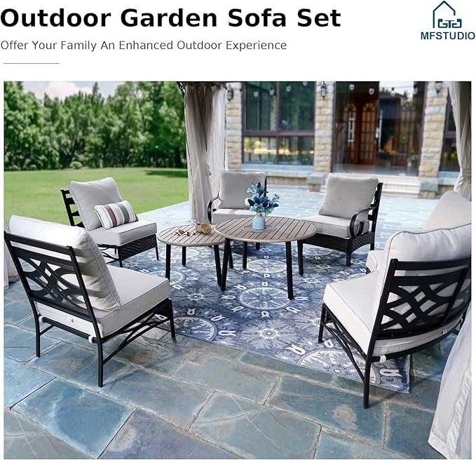 MFSTUDIO Patio Furniture Set, 8 Seats Half-Moon Curved Outdoor Sectional Sofa Conversation Set with 2 Wood-Like Round Table, Woven Rattan Patio Couch for Backyard, Garden, Deck