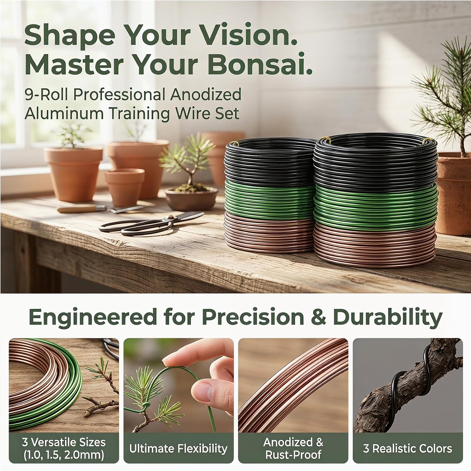 Zhanmai 9 Rolls Anodized Aluminum Bonsai Training Wires 3 Sizes (1.0, 1.5, 2.0 mm) Total 147 Feet Black Plant Training Wire for Fine Trunk Branch Control(Black, Brown, Green)