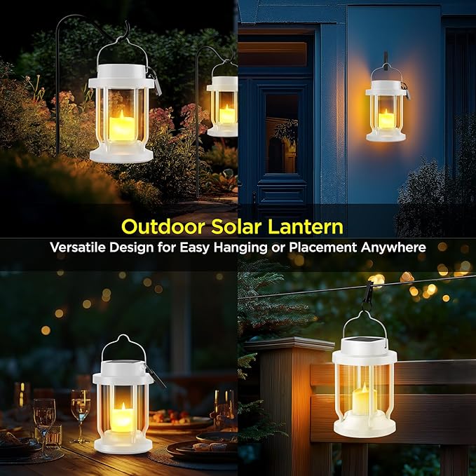 Solar Lantern Outdoor & Indoor Use – Hanging Solar Lights with Realistic Flickering Flameless Candle, Weatherproof for Gardens, Patios, Trees, and Lawns (White, 2 Pack)